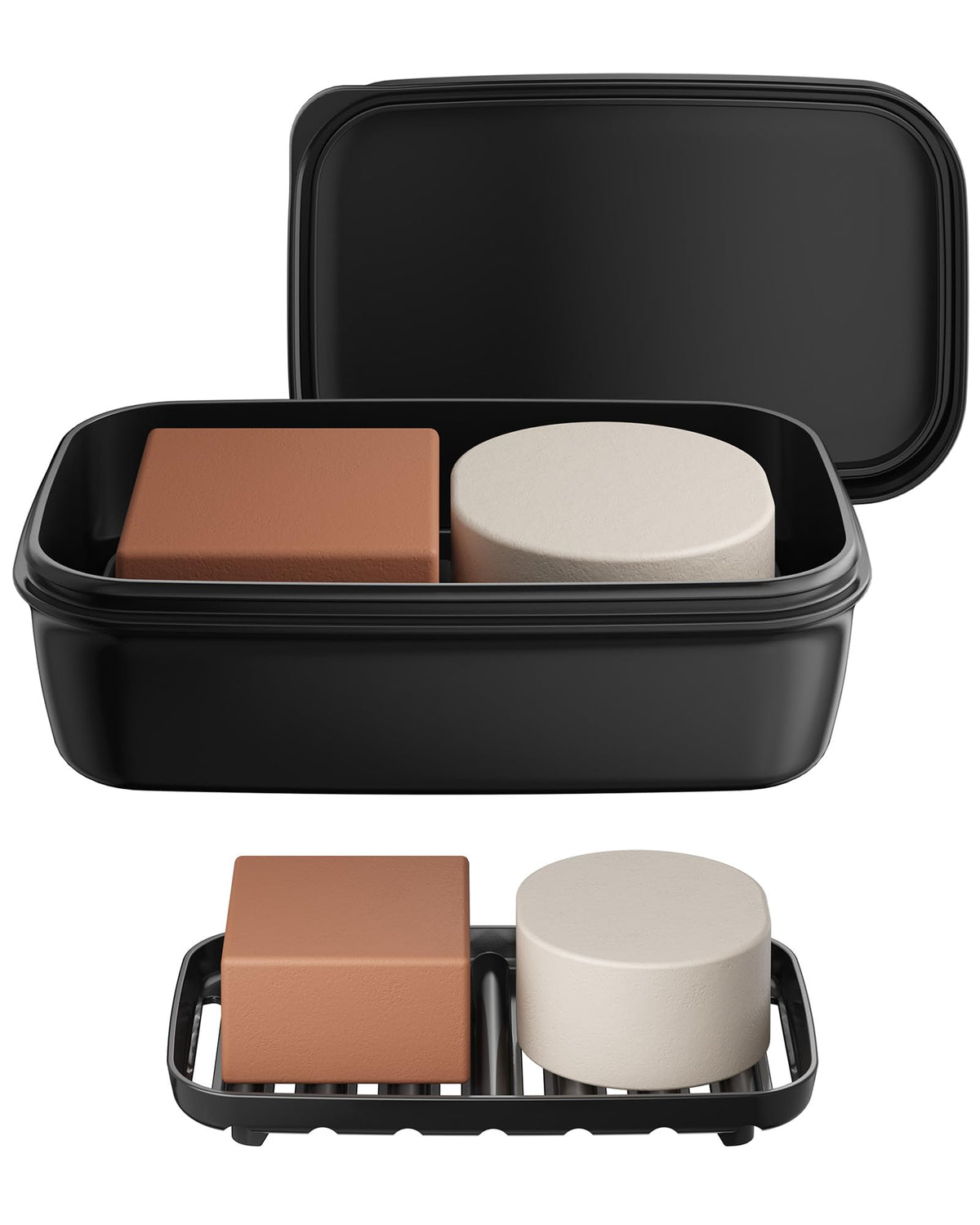 Quatish Leakproof Soap Dish with Lid & Draining Layer, Shatterproof Travel Bar Soap Holder Case Container, Portable Travel Size Toiletries Essentials for Camping, Gym, Bathroom, Black