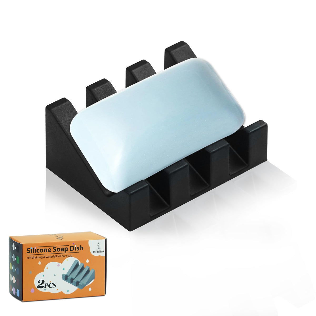 Self Draining Silicone Soap Dish Holder Waterfall Tray, 1 Pack Sky Blue