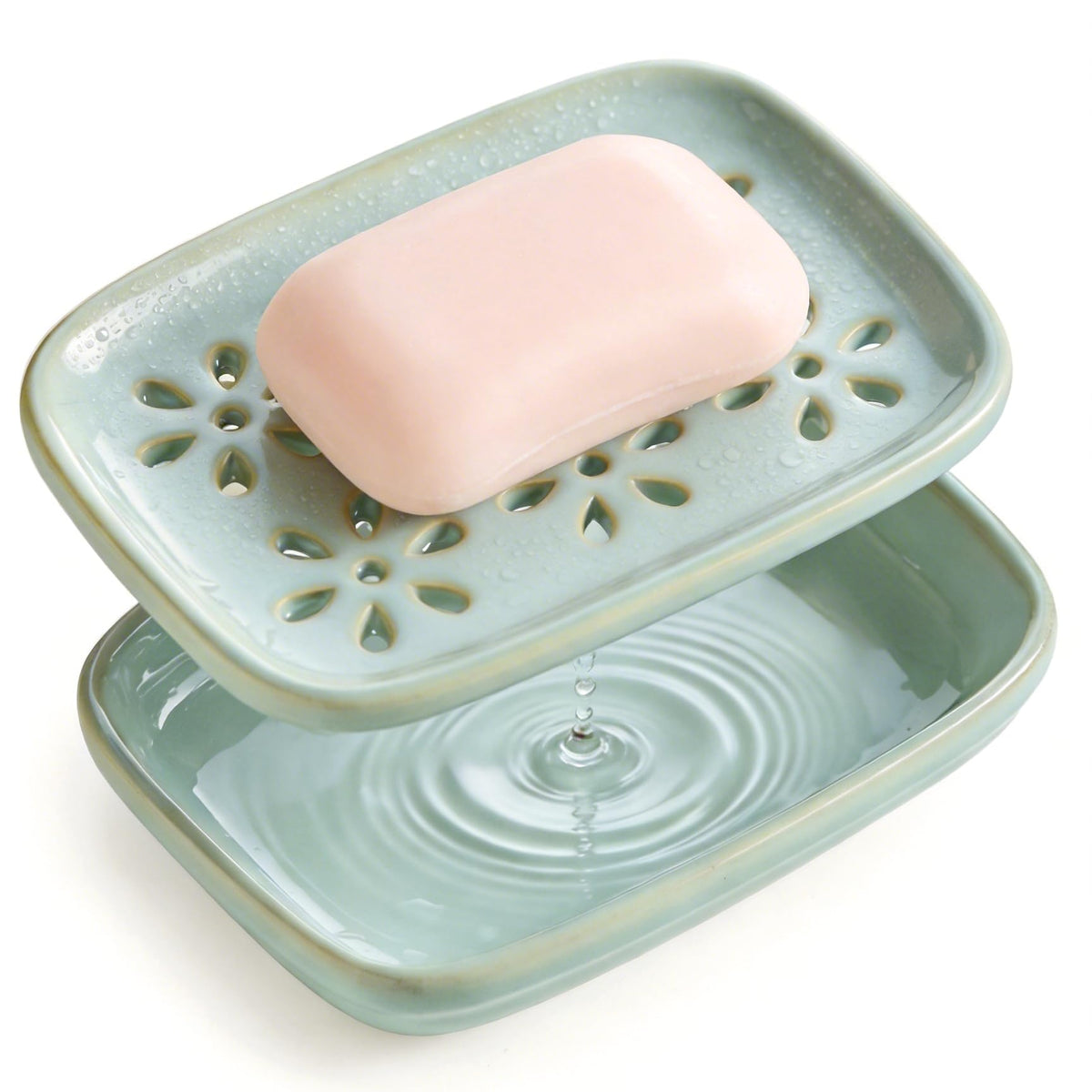 Miamolo Soap Dish for Shower with Drainage, Double Layer Bar Soap Holder, Ceramic Soap Saver Sponge Holder for Bathroom, Tub and Kitchen Sink, Slotted Draining Soap Dishes Extend Soap Life, Beige