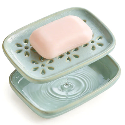 Miamolo Soap Dish for Shower with Drainage, Double Layer Bar Soap Holder, Ceramic Soap Saver Sponge Holder for Bathroom, Tub and Kitchen Sink, Slotted Draining Soap Dishes Extend Soap Life, Beige