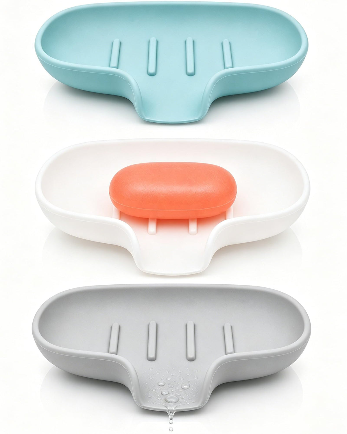 3 Pack Silicone Soap Dish for Shower, Bar Soap Holder with Drain Spout
