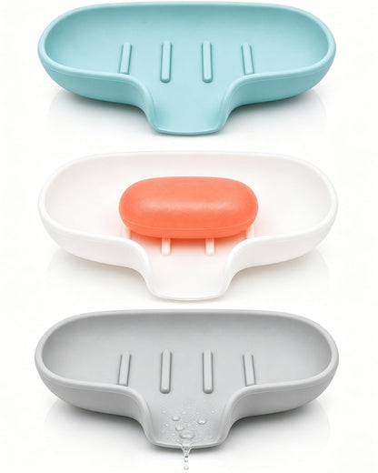 3 Pack Silicone Soap Dish for Shower, Bar Soap Holder with Drain Spout