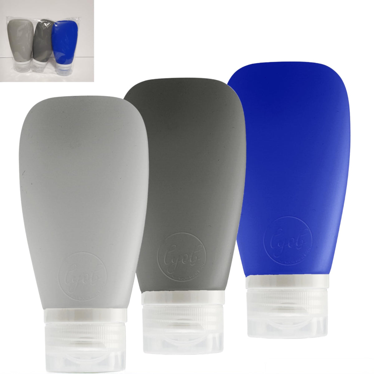 Travel Bottles for Toiletries, TSA Approved 3oz (90ml) Leak Proof Silicone Refillable Squeeze Travel Size Containers BPA Free for Cleansers, Lotions, Shampoo 3-pk (Black-Gray-White)
