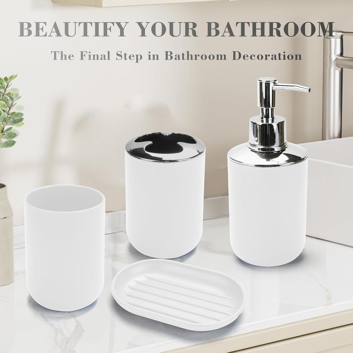 4PCS White Bathroom Accessories Set, Modern Bahtroom Decor Set
