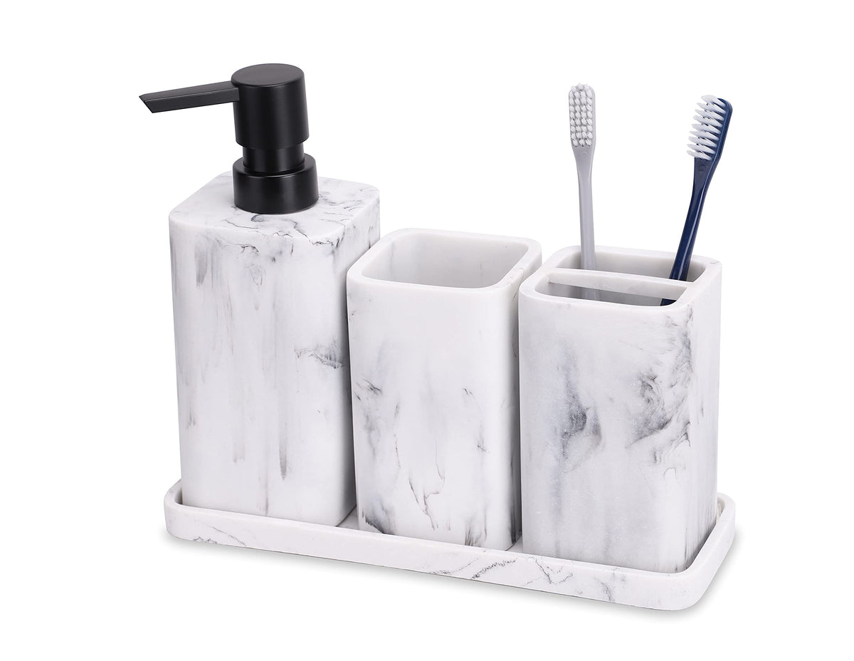 ZCCZ Bathroom Accessory Set, 4 Pcs Marble Look Bathroom Vanity Countertop Bathroom Décor Sets Accessories with Soap Dispenser, Toothbrush Holder Set, Tumbler, Soap Dish (White Marble Look Rounded)