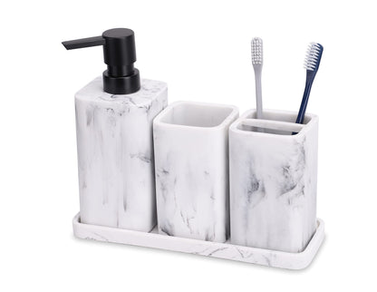 ZCCZ Bathroom Accessory Set, 4 Pcs Marble Look Bathroom Vanity Countertop Bathroom Décor Sets Accessories with Soap Dispenser, Toothbrush Holder Set, Tumbler, Soap Dish (White Marble Look Rounded)