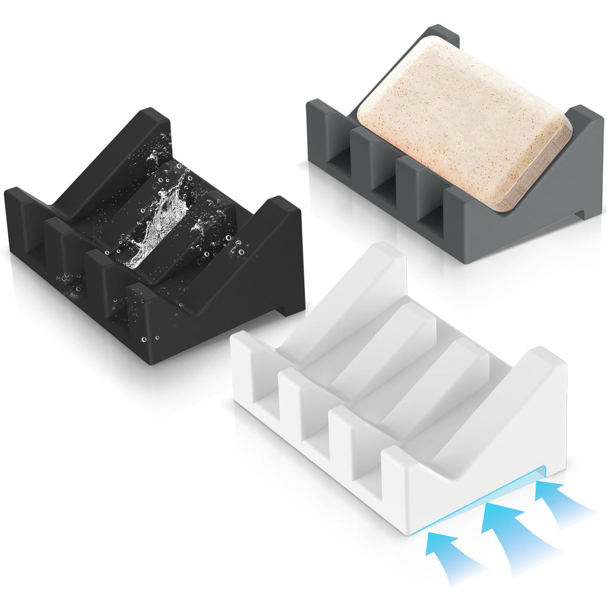 Silicone Soap Dish Set,3PCS Self Draining Soap Holder for Bar Soap