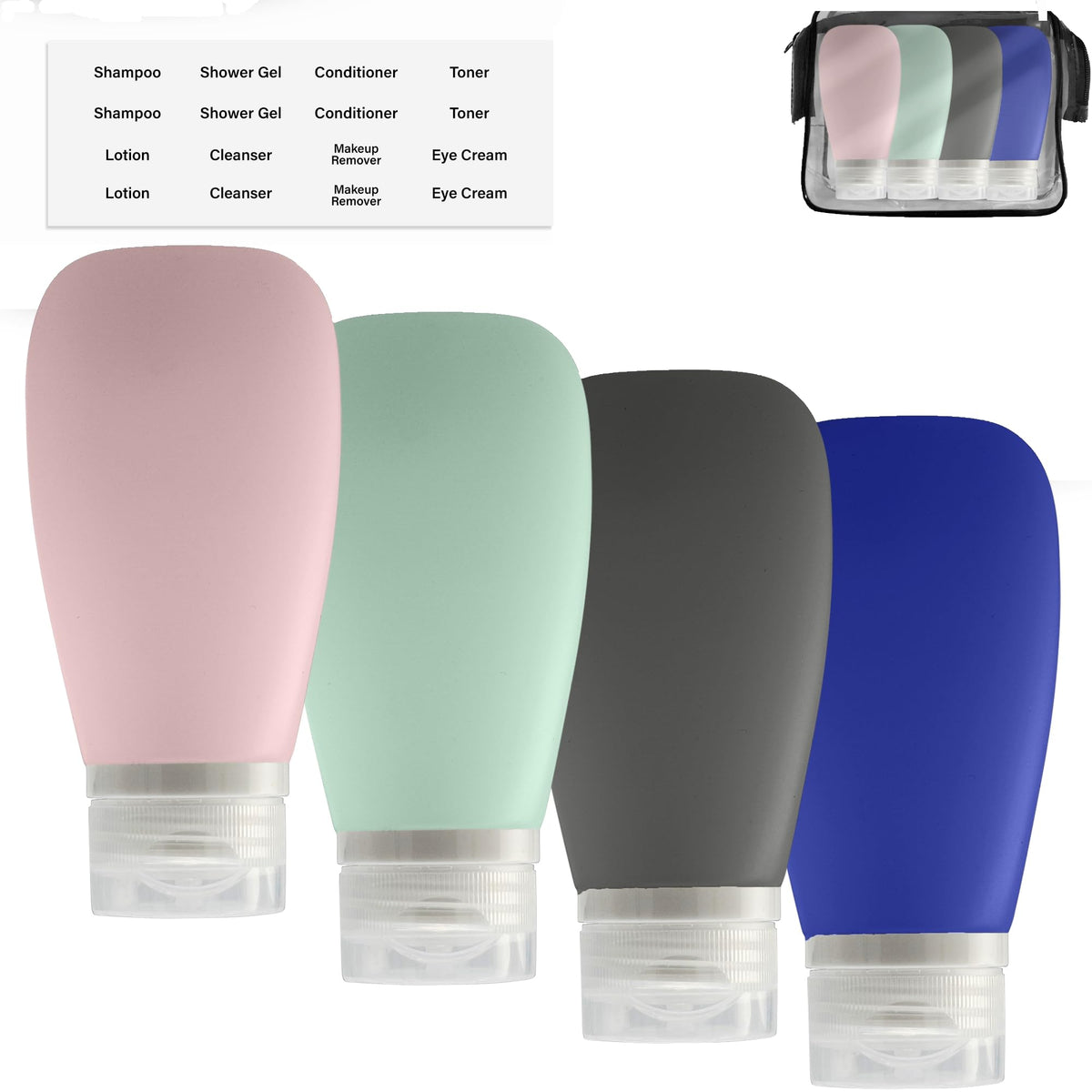 Travel Bottles for Toiletries, TSA Approved 3oz (90ml) Leak Proof Silicone Refillable Squeeze Travel Size Containers BPA Free for Cleansers, Lotions, Shampoo 3-pk (Black-Gray-White)