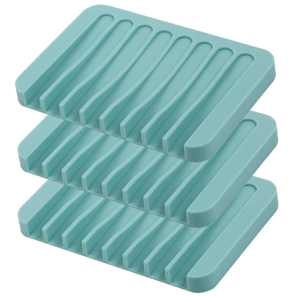 Self Draining Soap Dishes, 3 Pcs Silicone Soap Saver, Waterfall Drainer Soap Holder for Bathroom, Extend Soap Life, Keep Soap Bars Dry Clean & Easy Cleaning (White, Gray, Teal)