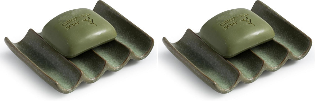 Draining Ceramic Soap Dish - Fluted Design, Bar Soap Holder for Shower & Bathroom, Soap Saver Sponge Lift, Green