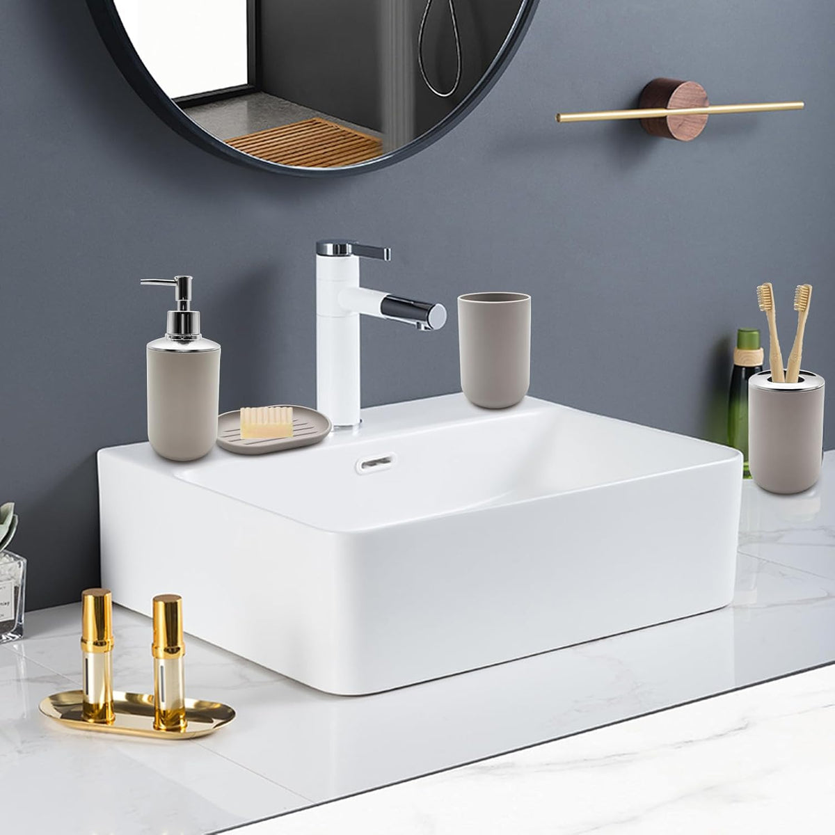 Bathroom Accessory Set, 4 pcs Shatter-Resistant Resin Bathroom Accessories Set Include Lotion Soap Dispenser Toothbrush Holder Soap Dish Modern Bathroom Decor, Gift for Home (Beige 4pcs)
