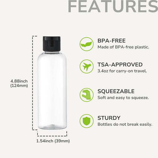 LISAPACK 3.4 oz Travel Bottles for Toiletries, Plastic Shampoo Containers