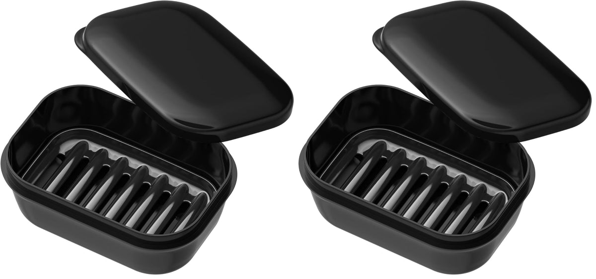 Quatish Leakproof Soap Dish with Lid & Draining Layer, Shatterproof Travel Bar Soap Holder Case Container, Portable Travel Size Toiletries Essentials for Camping, Gym, Bathroom, Black