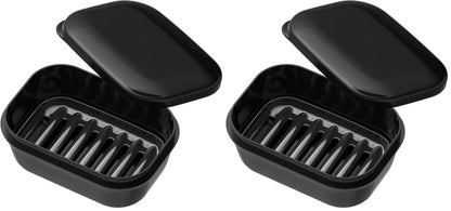Quatish Leakproof Soap Dish with Lid & Draining Layer, Shatterproof Travel Bar Soap Holder Case Container, Portable Travel Size Toiletries Essentials for Camping, Gym, Bathroom, Black