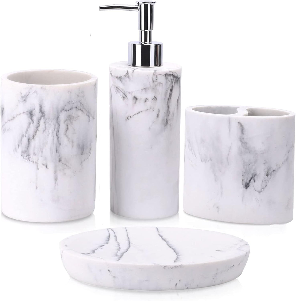 ZCCZ Bathroom Accessory Set, 4 Pcs Marble Look Bathroom Vanity Countertop Bathroom Décor Sets Accessories with Soap Dispenser, Toothbrush Holder Set, Tumbler, Soap Dish (White Marble Look Rounded)