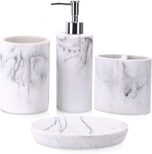 ZCCZ Bathroom Accessory Set, 4 Pcs Marble Look Bathroom Vanity Countertop Bathroom Décor Sets Accessories with Soap Dispenser, Toothbrush Holder Set, Tumbler, Soap Dish (White Marble Look Rounded)