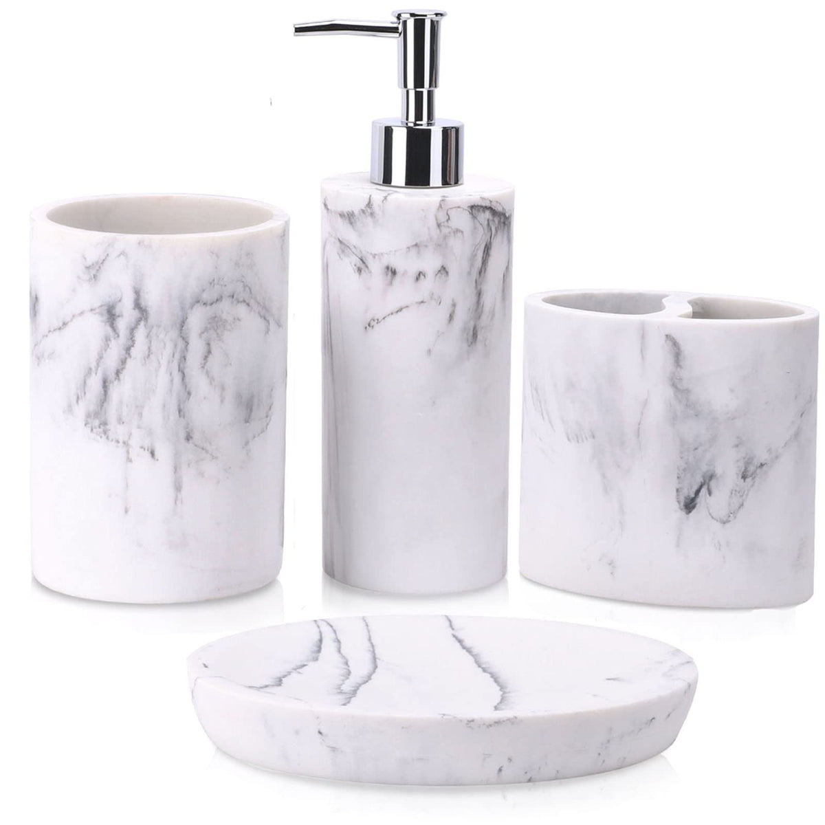 ZCCZ Bathroom Accessory Set, 4 Pcs Marble Look Bathroom Vanity Countertop Bathroom Décor Sets Accessories with Soap Dispenser, Toothbrush Holder Set, Tumbler, Soap Dish (White Marble Look Rounded)