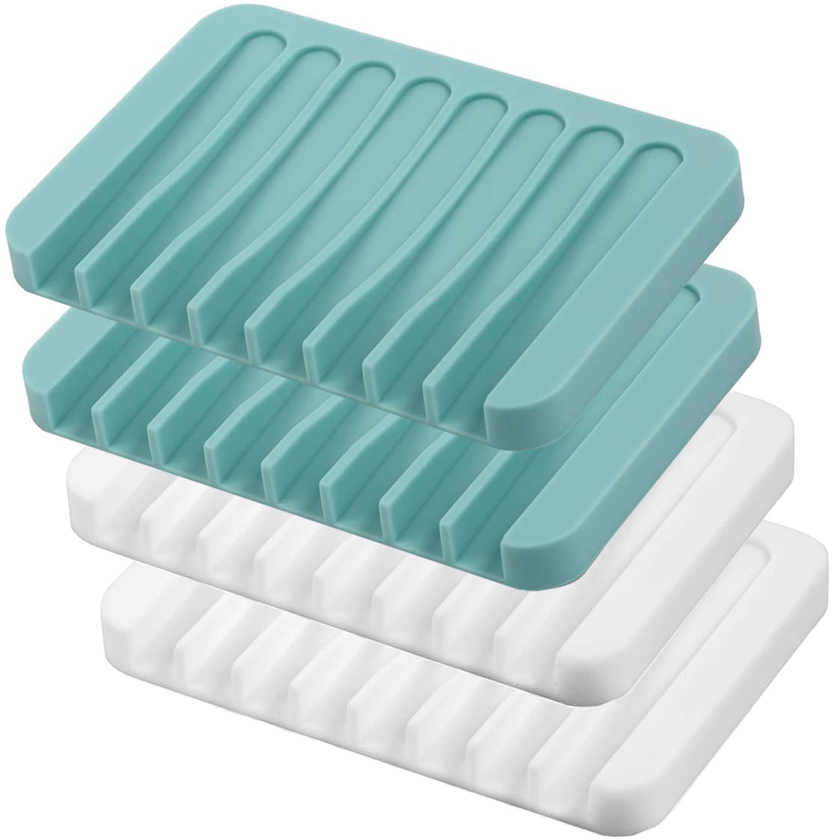 Self Draining Soap Dishes, 3 Pcs Silicone Soap Saver, Waterfall Drainer Soap Holder for Bathroom, Extend Soap Life, Keep Soap Bars Dry Clean & Easy Cleaning (White, Gray, Teal)
