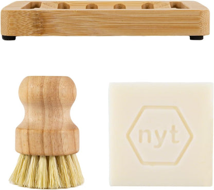 3 Pcs Bamboo Dish Brush Set,Solid Soap Bar,Soap Dish,Kitchen Scrubbers