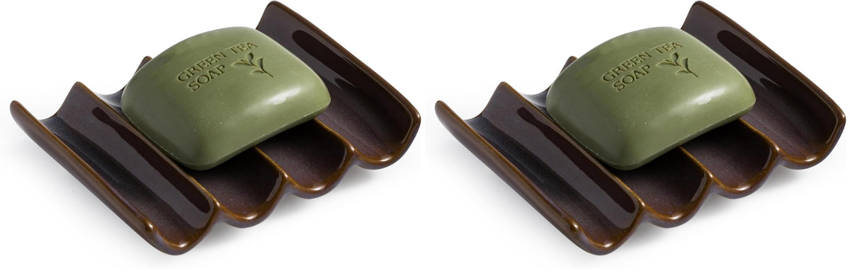 Draining Ceramic Soap Dish - Fluted Design, Bar Soap Holder for Shower & Bathroom, Soap Saver Sponge Lift, Green