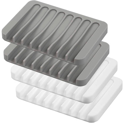 Self Draining Soap Dishes, 3 Pcs Silicone Soap Saver, Waterfall Drainer Soap Holder for Bathroom, Extend Soap Life, Keep Soap Bars Dry Clean & Easy Cleaning (White, Gray, Teal)