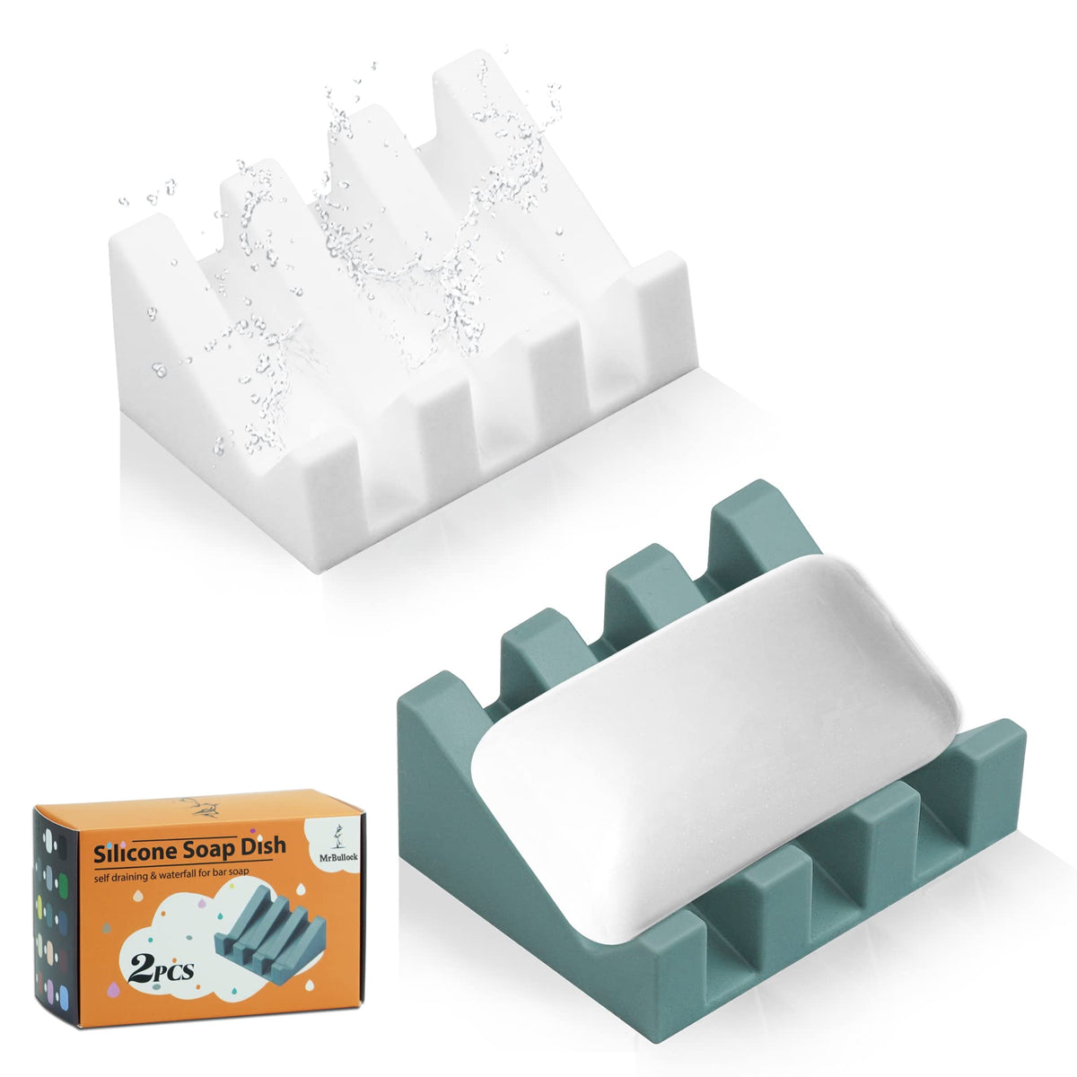 Self Draining Silicone Soap Dish Holder Waterfall Tray, 1 Pack Sky Blue