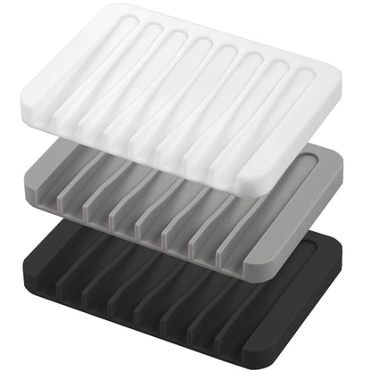 Self Draining Soap Dishes, 3 Pcs Silicone Soap Saver, Waterfall Drainer Soap Holder for Bathroom, Extend Soap Life, Keep Soap Bars Dry Clean & Easy Cleaning (White, Gray, Teal)