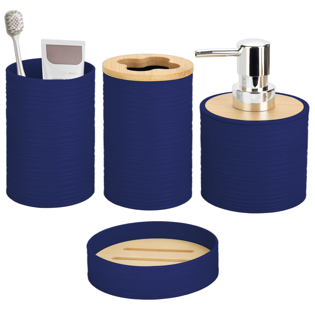 RRM 4 Piece Bamboo Bathroom Accessories Set, Boho Bathroom Decor, Aqua