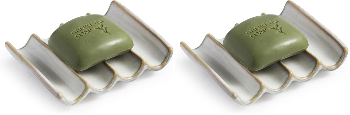 Draining Ceramic Soap Dish - Fluted Design, Bar Soap Holder for Shower & Bathroom, Soap Saver Sponge Lift, Green