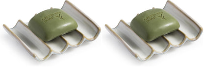 Draining Ceramic Soap Dish - Fluted Design, Bar Soap Holder for Shower & Bathroom, Soap Saver Sponge Lift, Green
