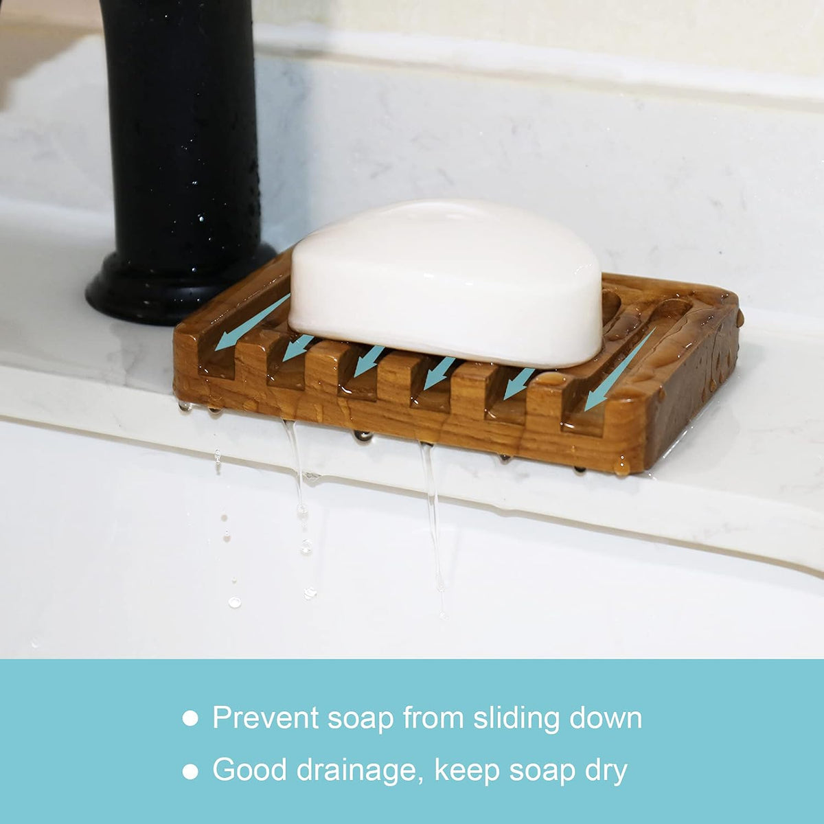 HTB Soap Dish with Slanted Waterfall Design,Teak Wood Bar Soap Holder