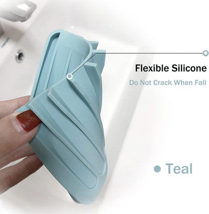 Self Draining Soap Dishes, 3 Pcs Silicone Soap Saver, Waterfall Drainer Soap Holder for Bathroom, Extend Soap Life, Keep Soap Bars Dry Clean & Easy Cleaning (White, Gray, Teal)