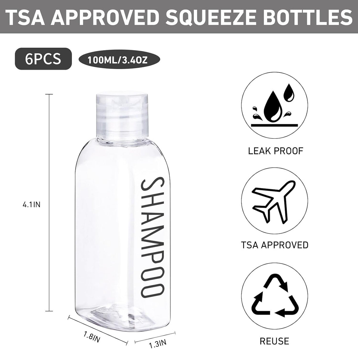 Travel Bottles for Toiletries 6 PCS 3.4oz Plastic Bottles Clear