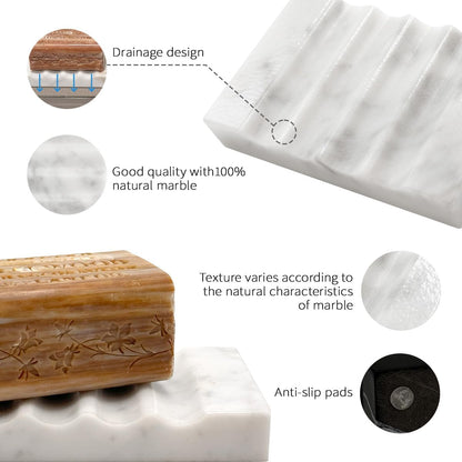 WeDoDecor Real Marble Soap Dish for Shower Stone Tray Small Bar Soap Holder with Self Draining | Non-Slip, Luxury Bath Room Accessories (White)