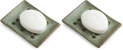 Draining Ceramic Soap Dish - Fluted Design, Bar Soap Holder for Shower & Bathroom, Soap Saver Sponge Lift, Green