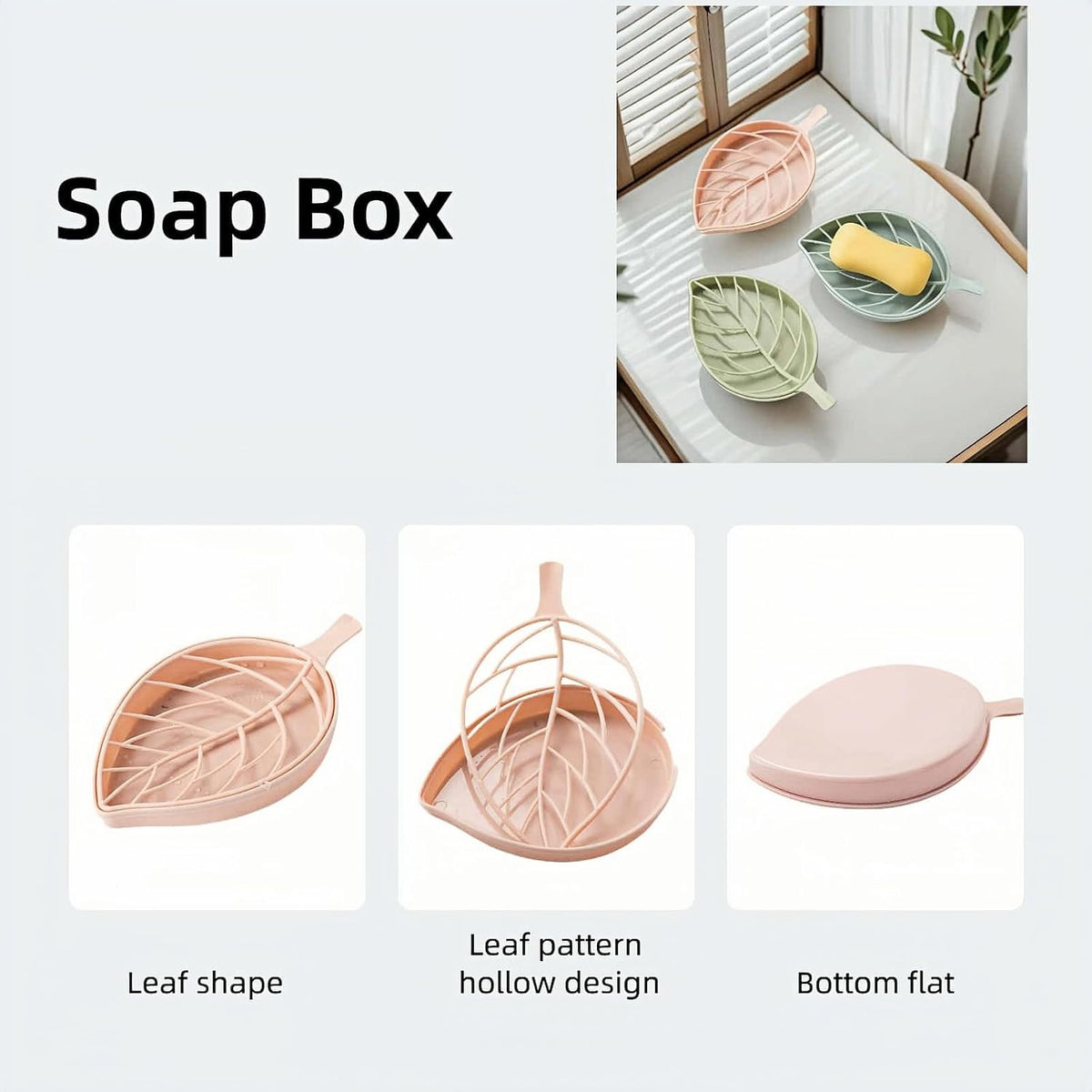 Leaf-Shaped Soap Dish Set, 2-Tier Soap Holder Drain Rack, Leaf Design - No Drill Wall Mount, Detachable Bathroom Organizer for Shower Sink (Pastel Green/Blue/Pink)