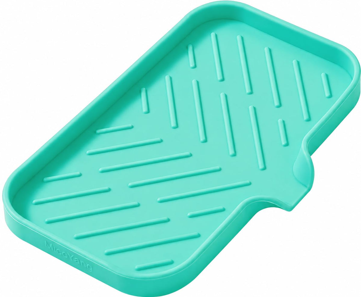 MicoYang Silicone Soap Dish with Drain Spout, Self-Draining Sink Organizer Tray for Bathroom & Kitchen, Sponges, Dispensers & Soap Holder, Non-Slip & Dishwasher Safe, Translucent (Compact, 4.9"×3.2")
