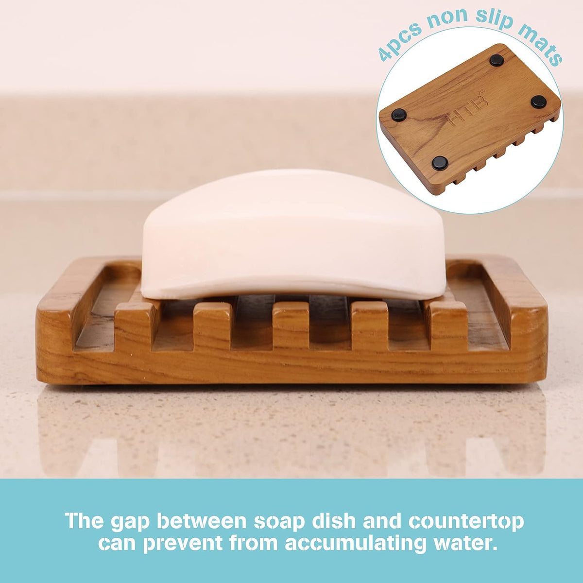 HTB Soap Dish with Slanted Waterfall Design,Teak Wood Bar Soap Holder