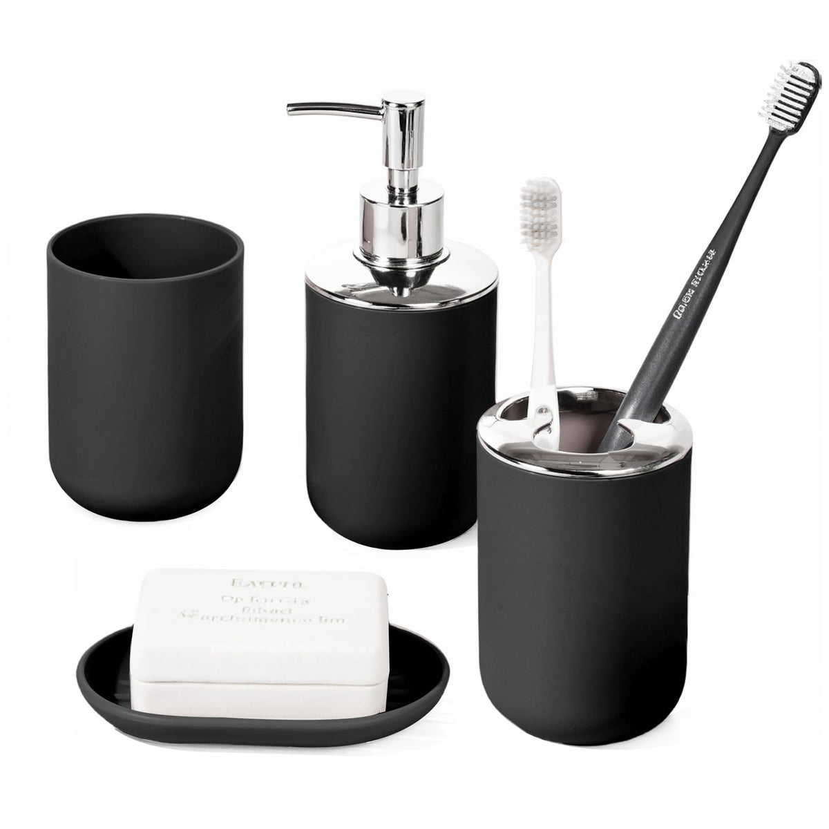 Bathroom Accessory Set, 4 Pcs Black Plastic Bathroom Set
