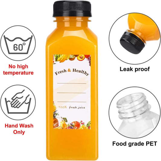 12oz Reusable Plastic Juice Bottles with Lids - 36 Pcs Kitchen Preserving Canisters, Blank Labels & Brush for Outdoor Carry (Juice, Milk),sohochic