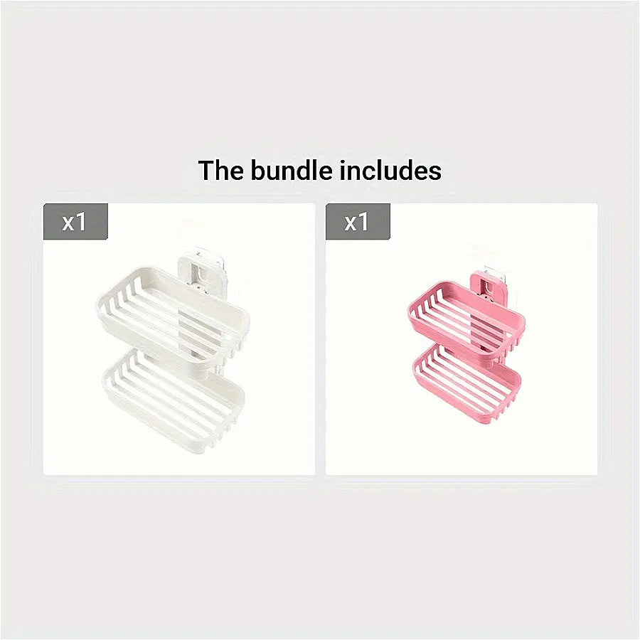 Beige-Pink Wall-Mount Plastic 2-Layer Rectangle Soap Dish Set, Durable Compact Bathroom Storage Organizer, Removable Home Bathroom Supply