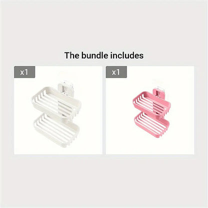Beige-Pink Wall-Mount Plastic 2-Layer Rectangle Soap Dish Set, Durable Compact Bathroom Storage Organizer, Removable Home Bathroom Supply
