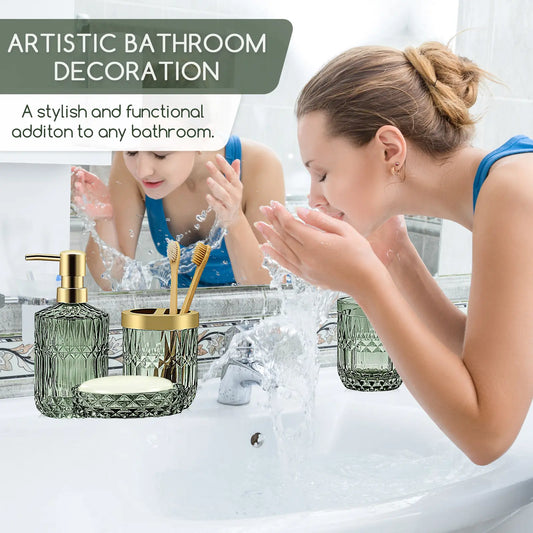 Vintage Modern Green Thick Glass Bathroom Decor Set (5 Pieces) - Lotion Soap Dispenser with Sturdy ABS Pump, 1 Soap Dish, Toothbrush Holder, Tumbler, Cotton Swab Jar - Stylish Detachable Bath Supplies for Mother's Day, Valentine's Day
