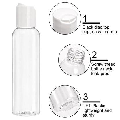 30-Piece 4oz Transparent PET Small Size Travel Toiletry Bottles Set with Covers, 6 Funnels Included, Refillable Plastic Squeeze Containers for Shampoo, Lotion