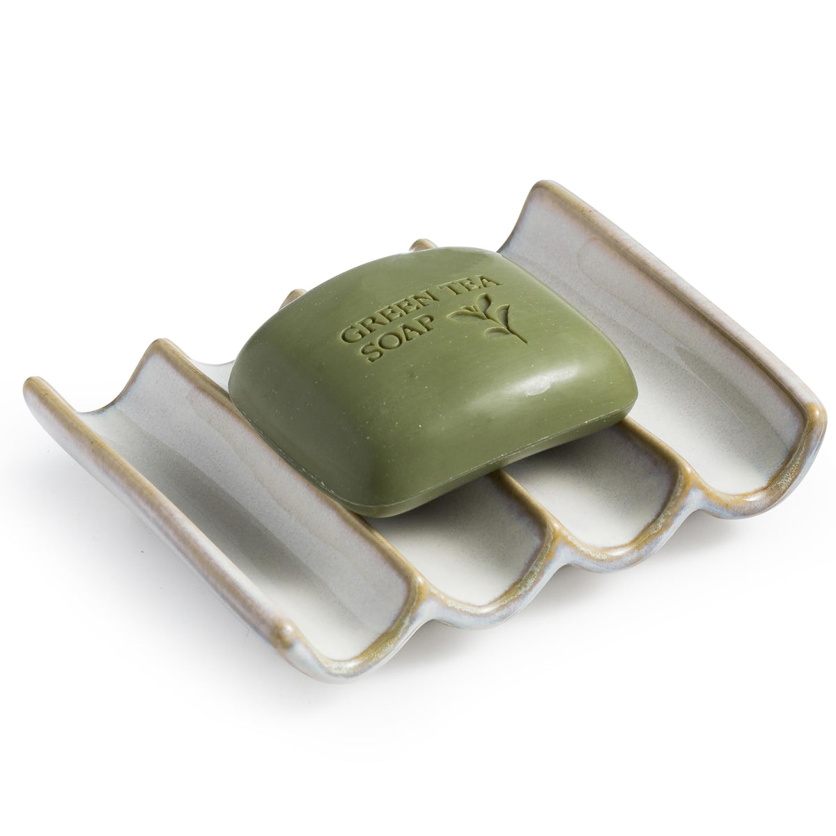 Draining Ceramic Soap Dish - Fluted Design, Bar Soap Holder for Shower & Bathroom, Soap Saver Sponge Lift, Green