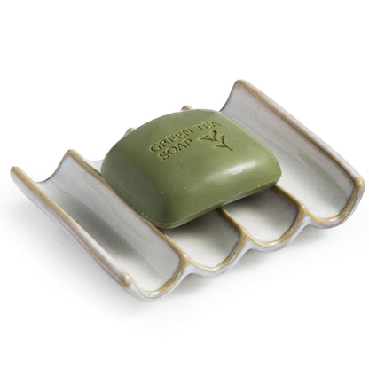Draining Ceramic Soap Dish - Fluted Design, Bar Soap Holder for Shower & Bathroom, Soap Saver Sponge Lift, Green