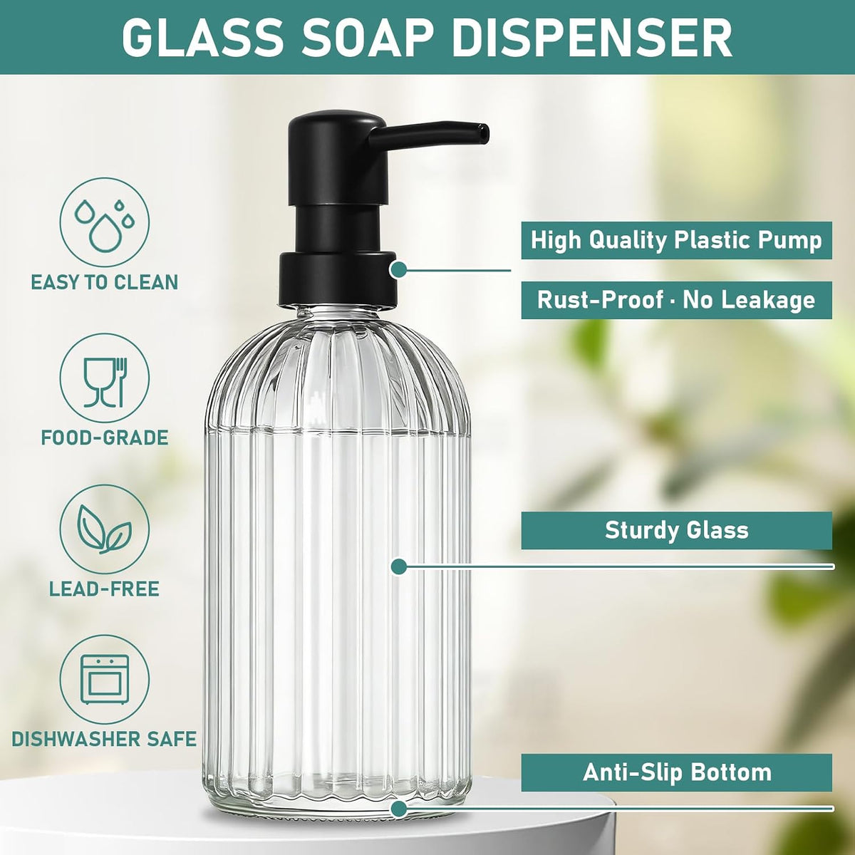 Kitchen Soap Dispenser Set, Hand and Dish Soap Dispenser Set with Sponge Holder, Dish Soap Dispenser with Instant Dry Tray for Kitchen Organizer, 15 fl oz Clear Glass Soap Dispenser with Pump