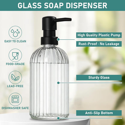 Kitchen Soap Dispenser Set, Hand and Dish Soap Dispenser Set with Sponge Holder, Dish Soap Dispenser with Instant Dry Tray for Kitchen Organizer, 15 fl oz Clear Glass Soap Dispenser with Pump