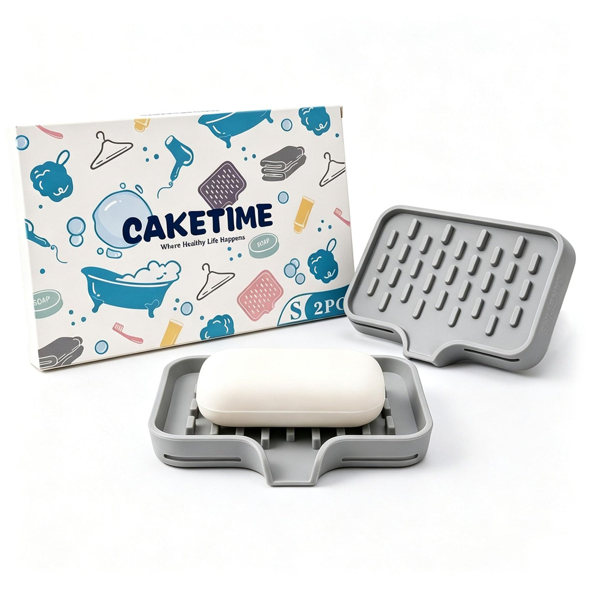 CAKETIME 2 Pack Silicone Soap Dish with Drainage Holes for Bathroom Shower Caddy Kitchen Counter Bar Sponge Holder Drying Rack Sink Organizer Essentials Apartment Home Household Must Haves 2026