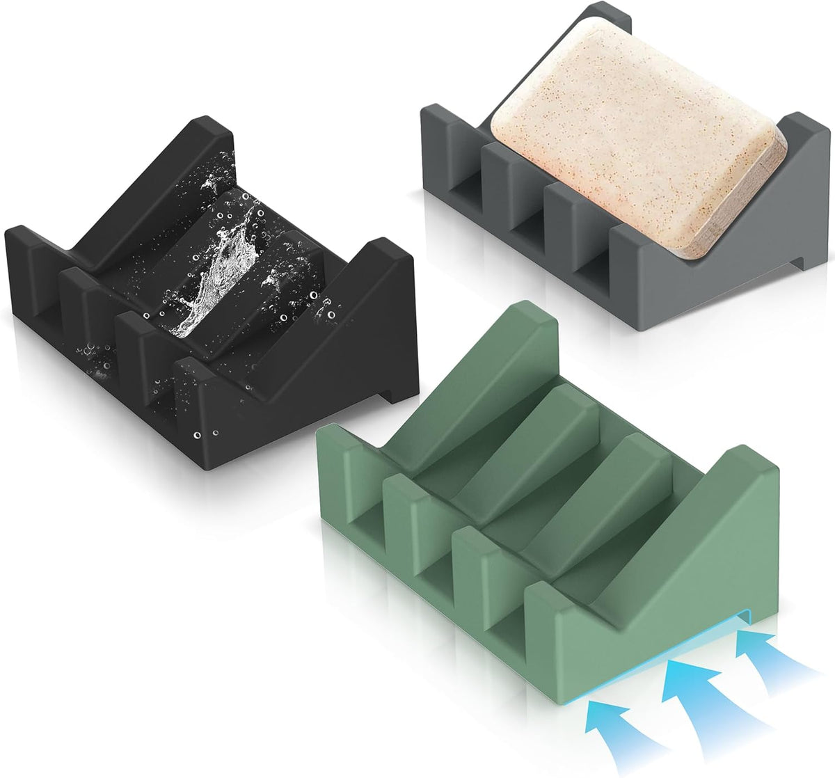 Silicone Soap Dish Set,3PCS Self Draining Soap Holder for Bar Soap